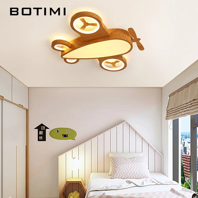 Plafonnier LED avion pour chambre d'enfant, effet bois, variateur