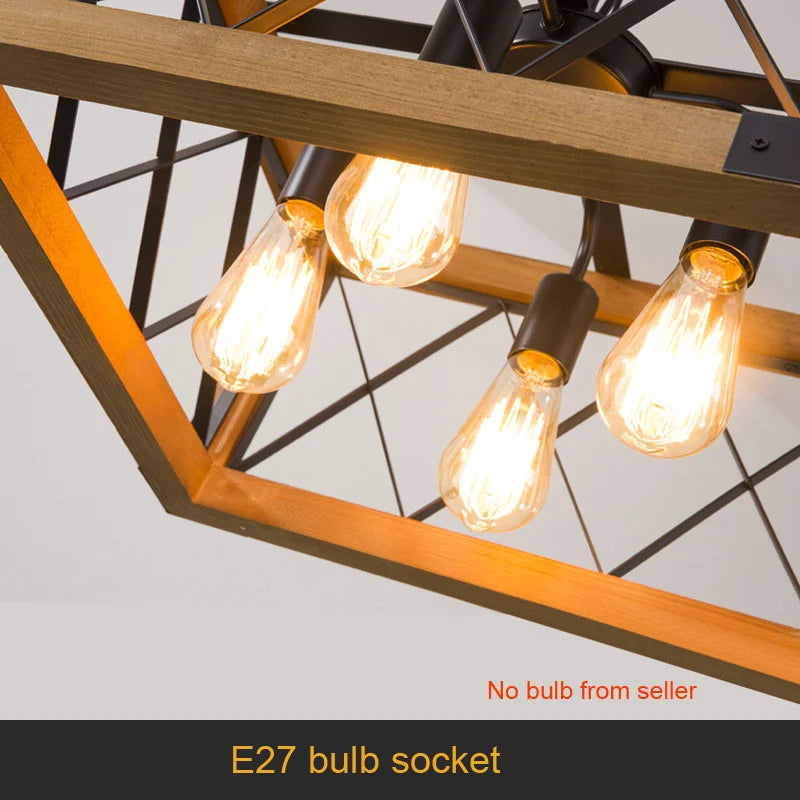 Lustre cage carré en bois et croisillons de fer, 4 douilles E27