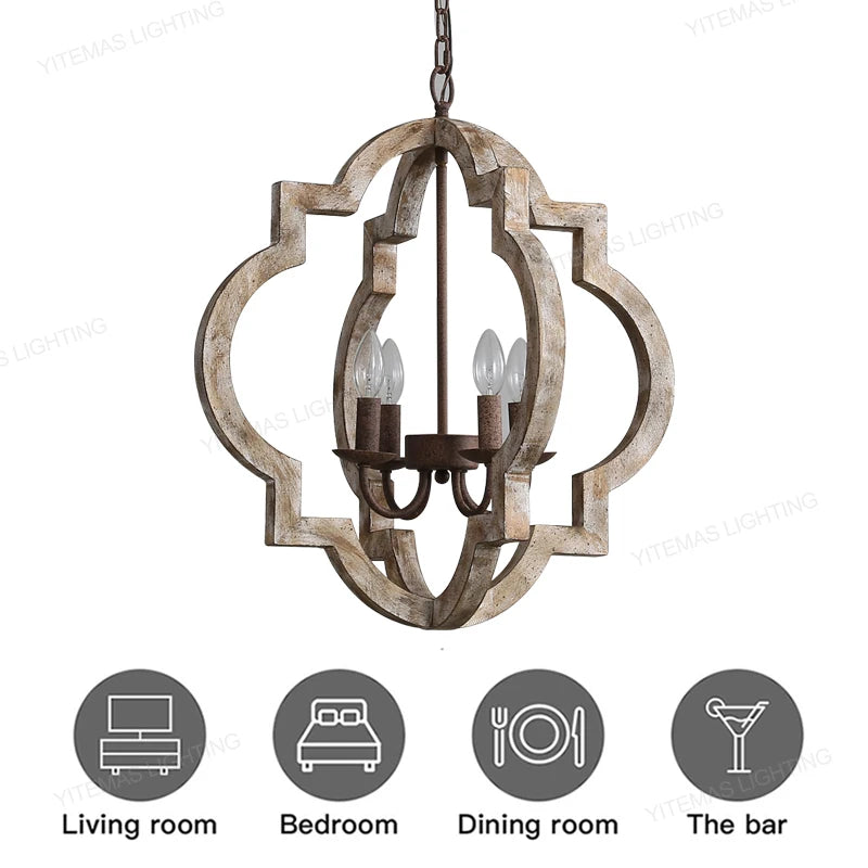 Lustre quadrilobe en bois patiné à 4 chandelles E14, style campagne
