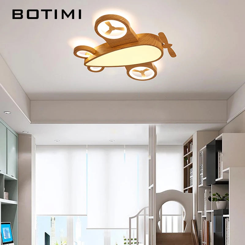 Plafonnier LED avion pour chambre d'enfant, effet bois, variateur