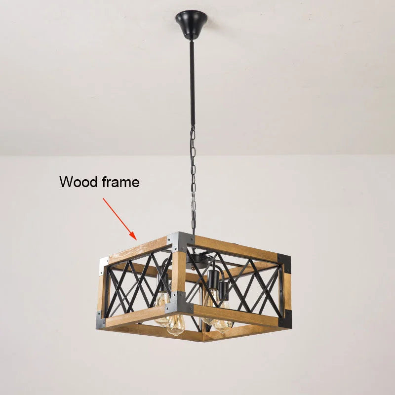 Lustre cage carré en bois et croisillons de fer, 4 douilles E27