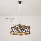 Lustre cage carré en bois et croisillons de fer, 4 douilles E27