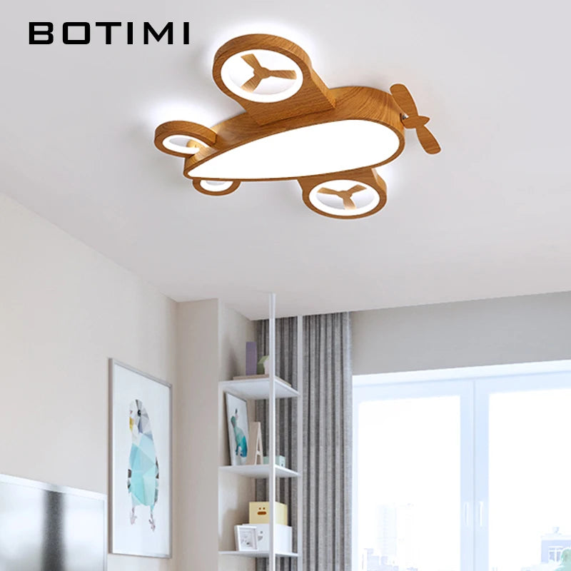Plafonnier LED avion pour chambre d'enfant, effet bois, variateur