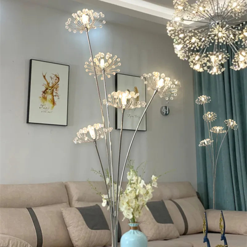 Lampadaire pissenlit en cristal et métal chromé, 3 ou 5 têtes