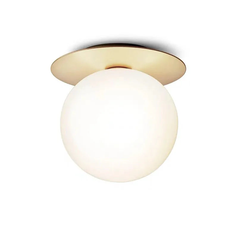 Plafonnier boule de verre sur disque doré ou noir, opale ou bullé