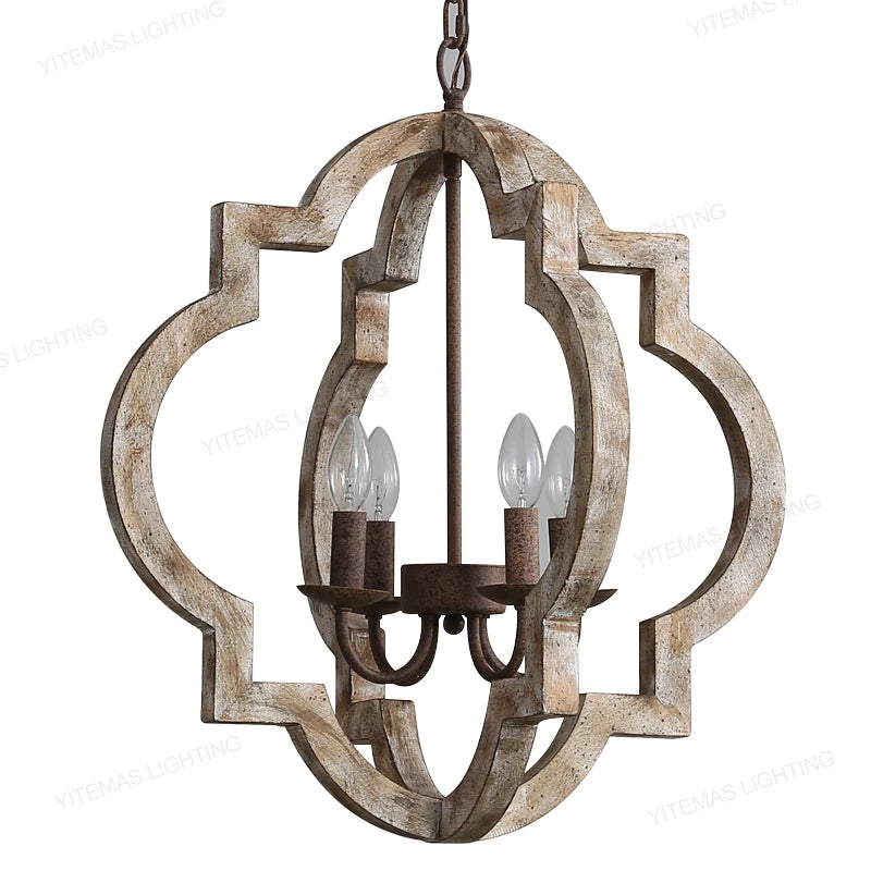 Lustre quadrilobe en bois patiné à 4 chandelles E14, style campagne
