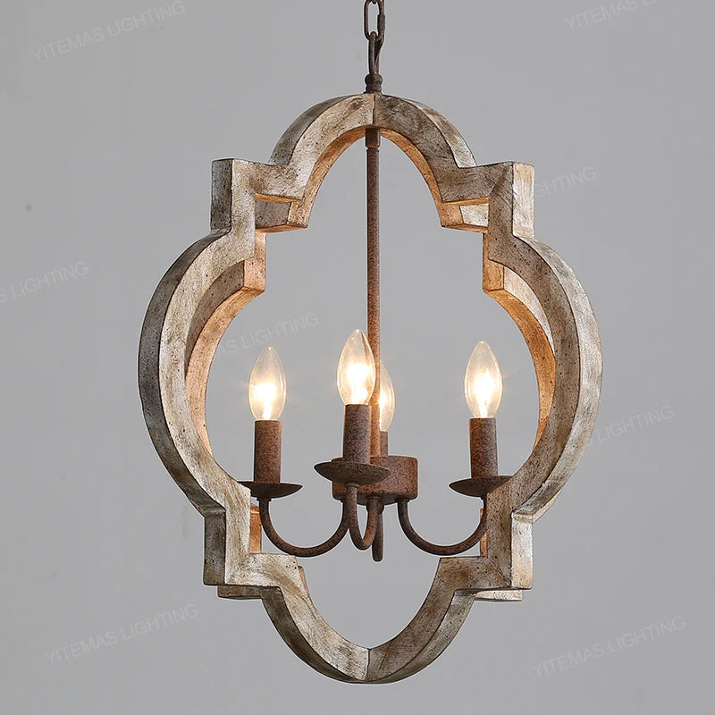 Lustre quadrilobe en bois patiné à 4 chandelles E14, style campagne