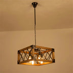 Lustre cage carré en bois et croisillons de fer, 4 douilles E27