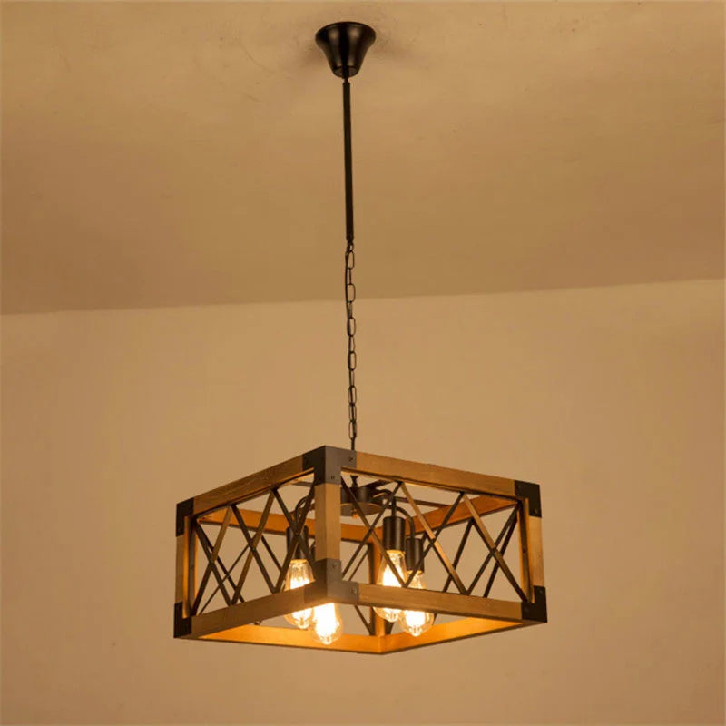 Lustre cage carré en bois et croisillons de fer, 4 douilles E27