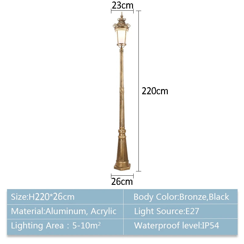 Lampadaire extérieur à l'ancienne en aluminium, 175 ou 220 cm