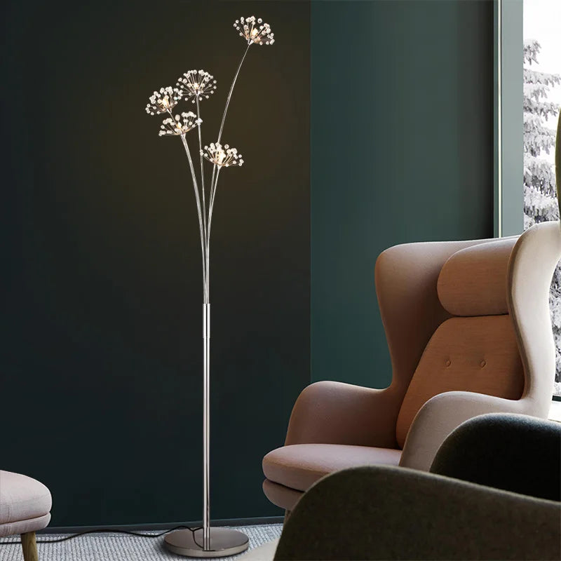Lampadaire pissenlit en cristal à tiges chromées