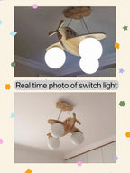 Lustre avion en bois pour chambre d'enfant, 3 globes en verre