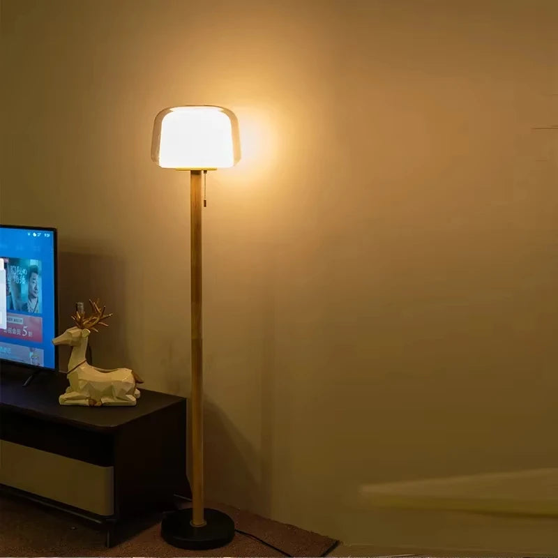 Lampadaire double verre et bois au socle en marbre, 148 cm