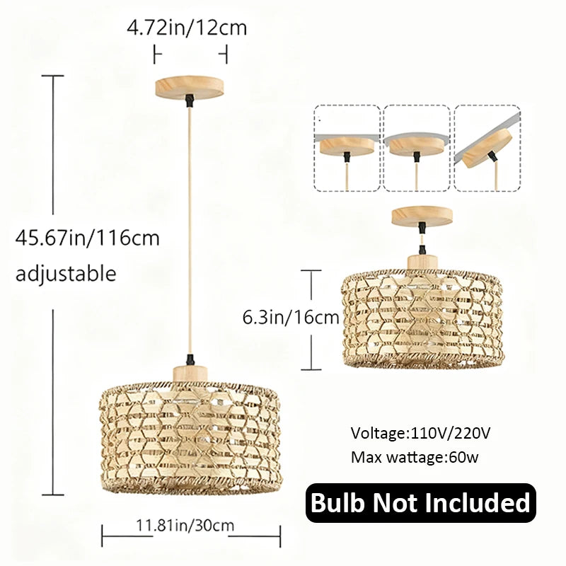 Suspension tambour en paille tressée, Ø 30 cm, rosace en bois