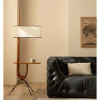 Lampadaire en bois courbé en U avec tablette, abat-jour en tissu