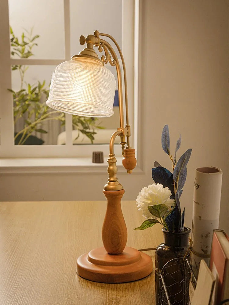 Lampe de bureau rétro col de cygne doré, pied en bois et verre E27