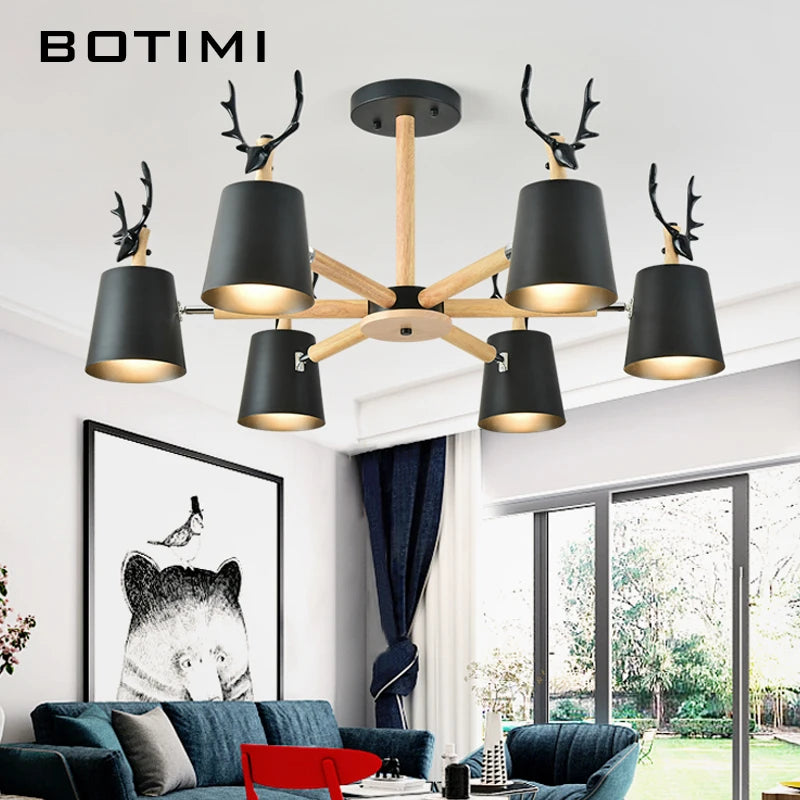 Lustre nordique en bois et ramures de cerf, abat-jour métal, E27