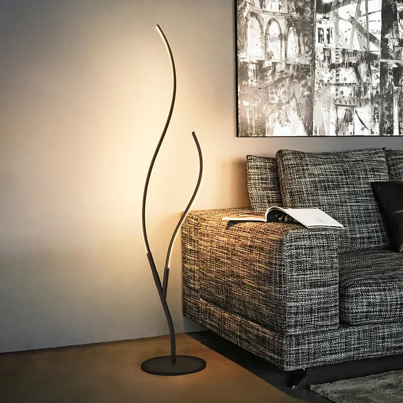 Lampadaire LED sculpture à deux tiges lumineuses ondulées, 145 cm