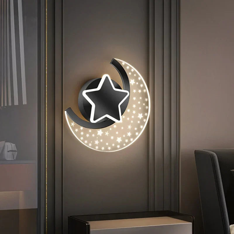 Applique murale croissant de lune et étoile LED, finition bois