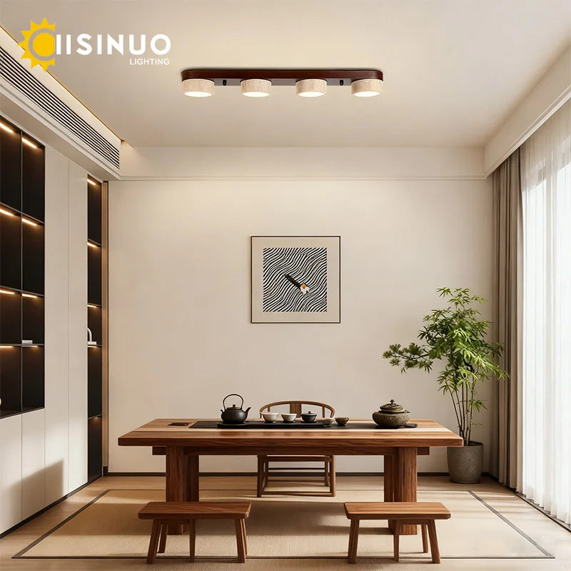 Plafonnier rampe de spots en travertin sur bois, 2 à 4 spots, LED