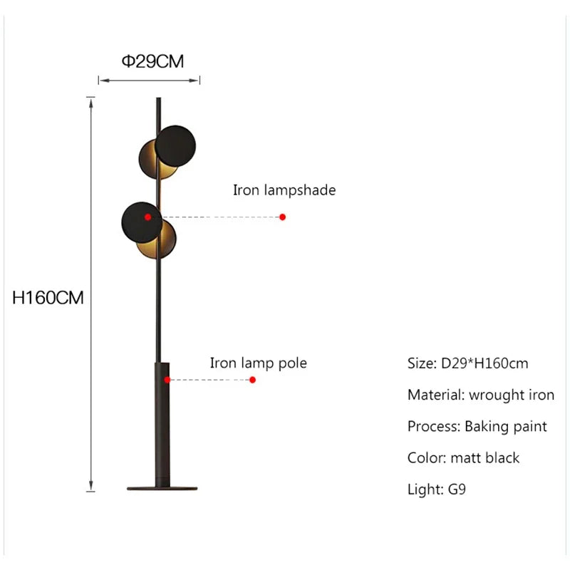 Lampadaire noir mat à deux disques de lumière, fer forgé 160 cm