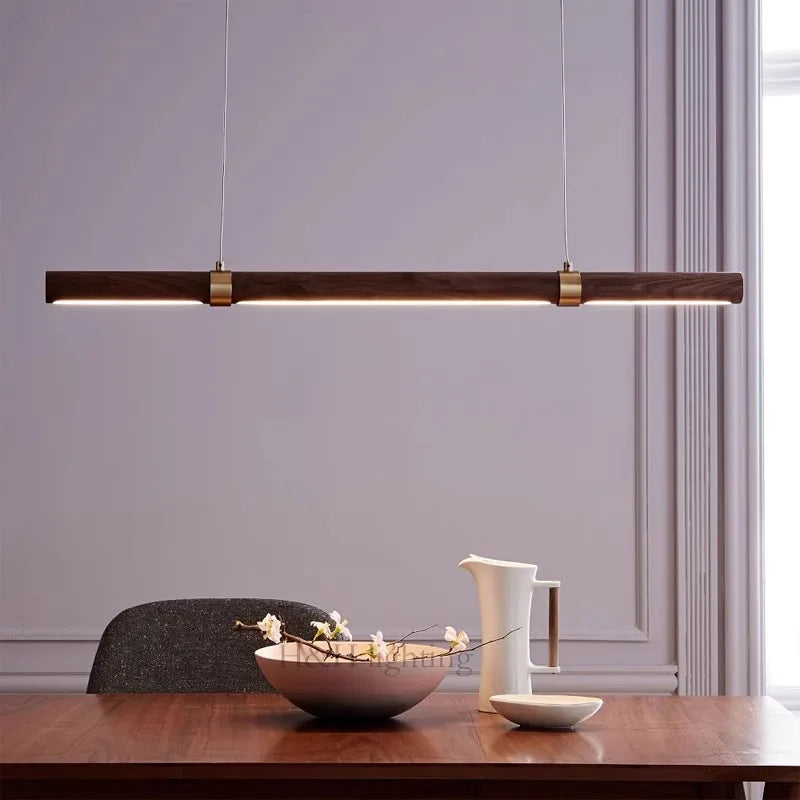 Suspension LED tube en bois et bagues dorées, 90 à 180 cm