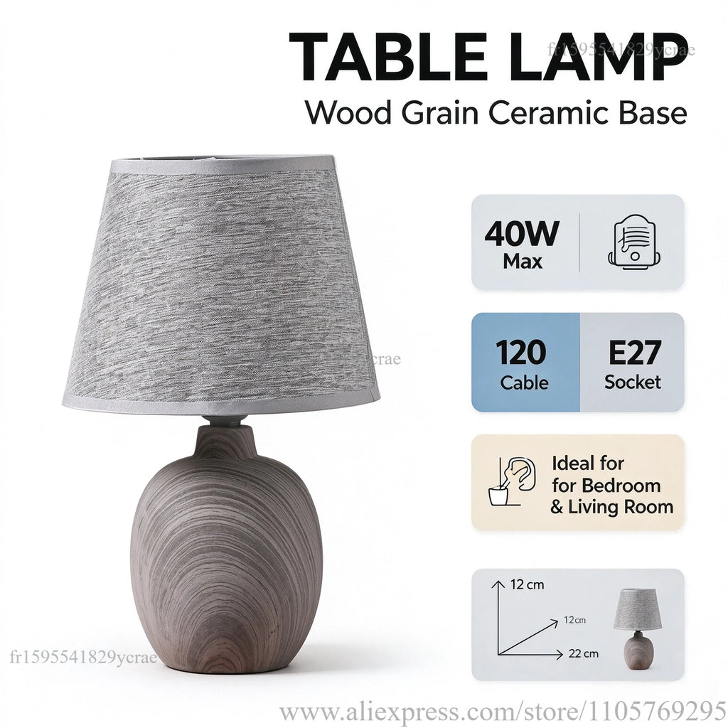 Petite lampe de chevet en céramique effet bois, abat-jour gris