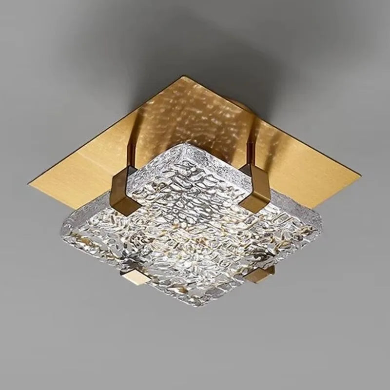 Plafonnier LED carré en verre texturé et plaque dorée, 15 à 25 cm