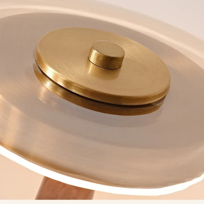 Lampe champignon en bois et verre ambré, LED trois teintes