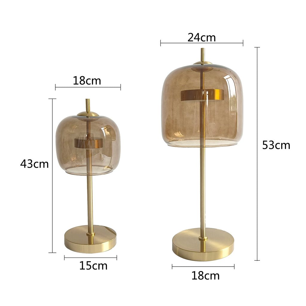 Lampe à poser cloche en verre et tige couleur laiton, LED intégrée