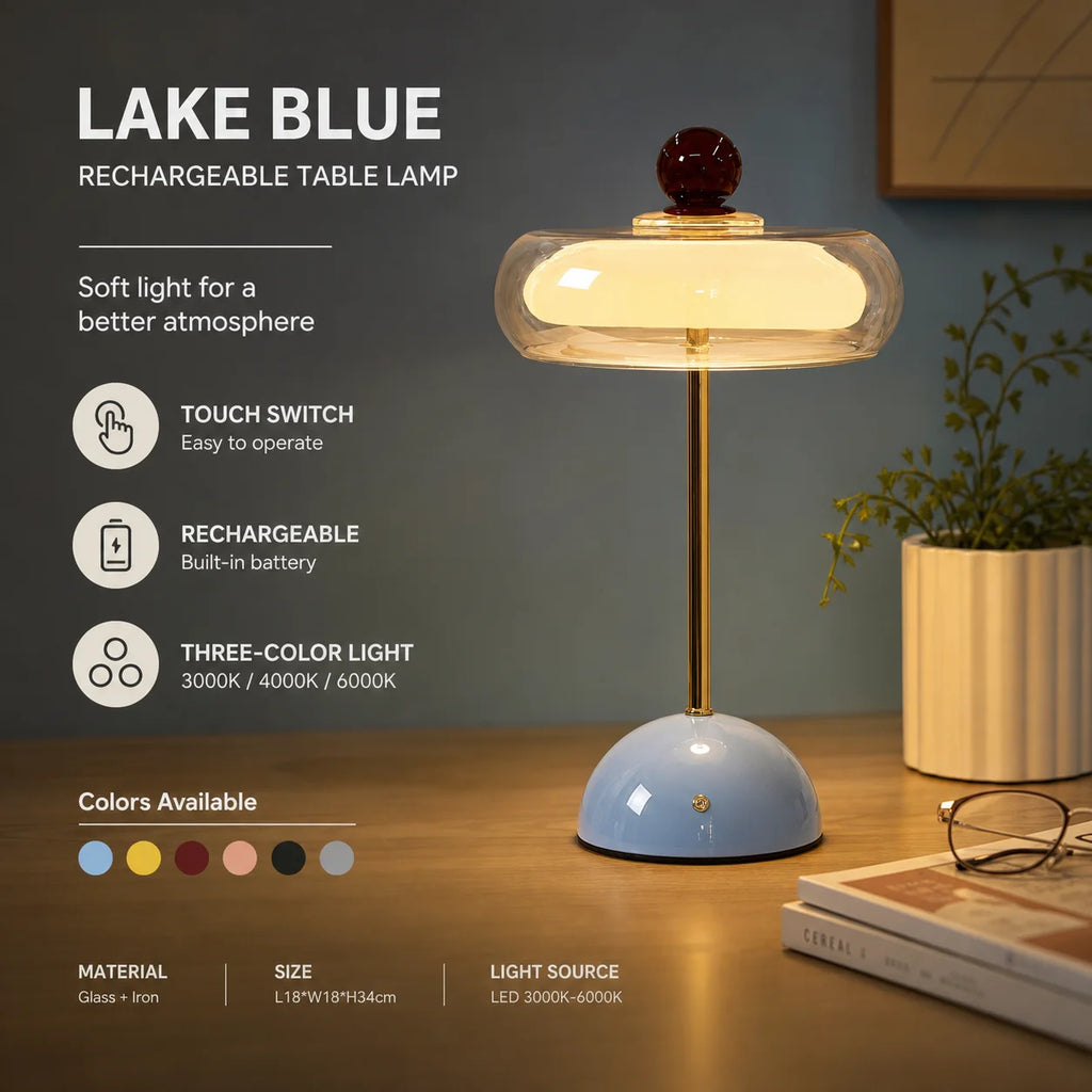 Lampe de table sans fil en verre ambré, tige dorée, socle coloré