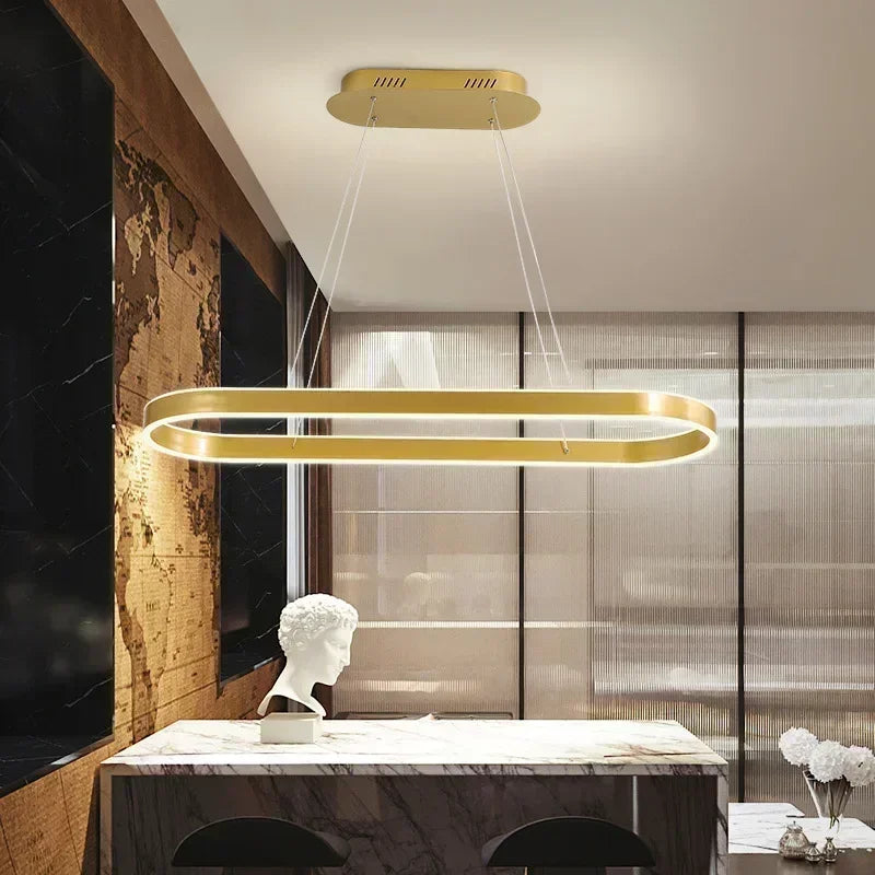 Suspension LED anneau ovale 80 à 120 cm, noir, blanc, doré ou marron