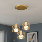 Suspension 3 lampes cages dorées, rosace ronde en cascade ou barre