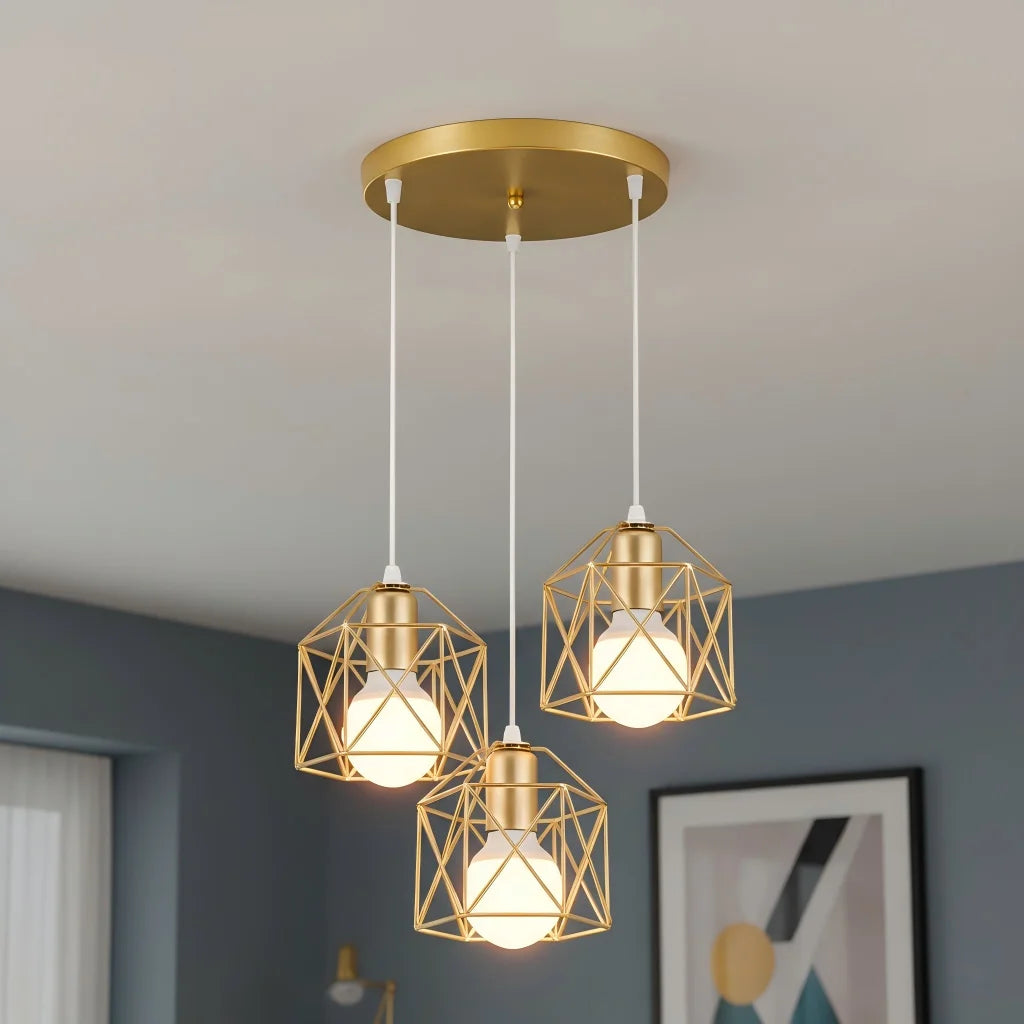 Suspension 3 lampes cages dorées, rosace ronde en cascade ou barre