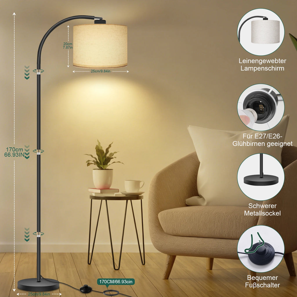Lampadaire col de cygne, abat-jour en lin et ampoule LED fournie