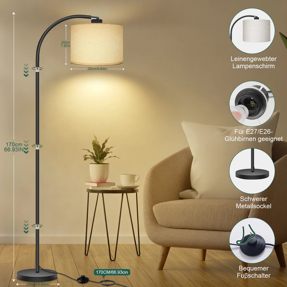 Lampadaire col de cygne, abat-jour en lin et ampoule LED fournie