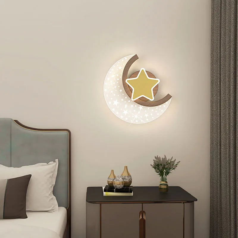 Applique murale croissant de lune et étoile LED, finition bois