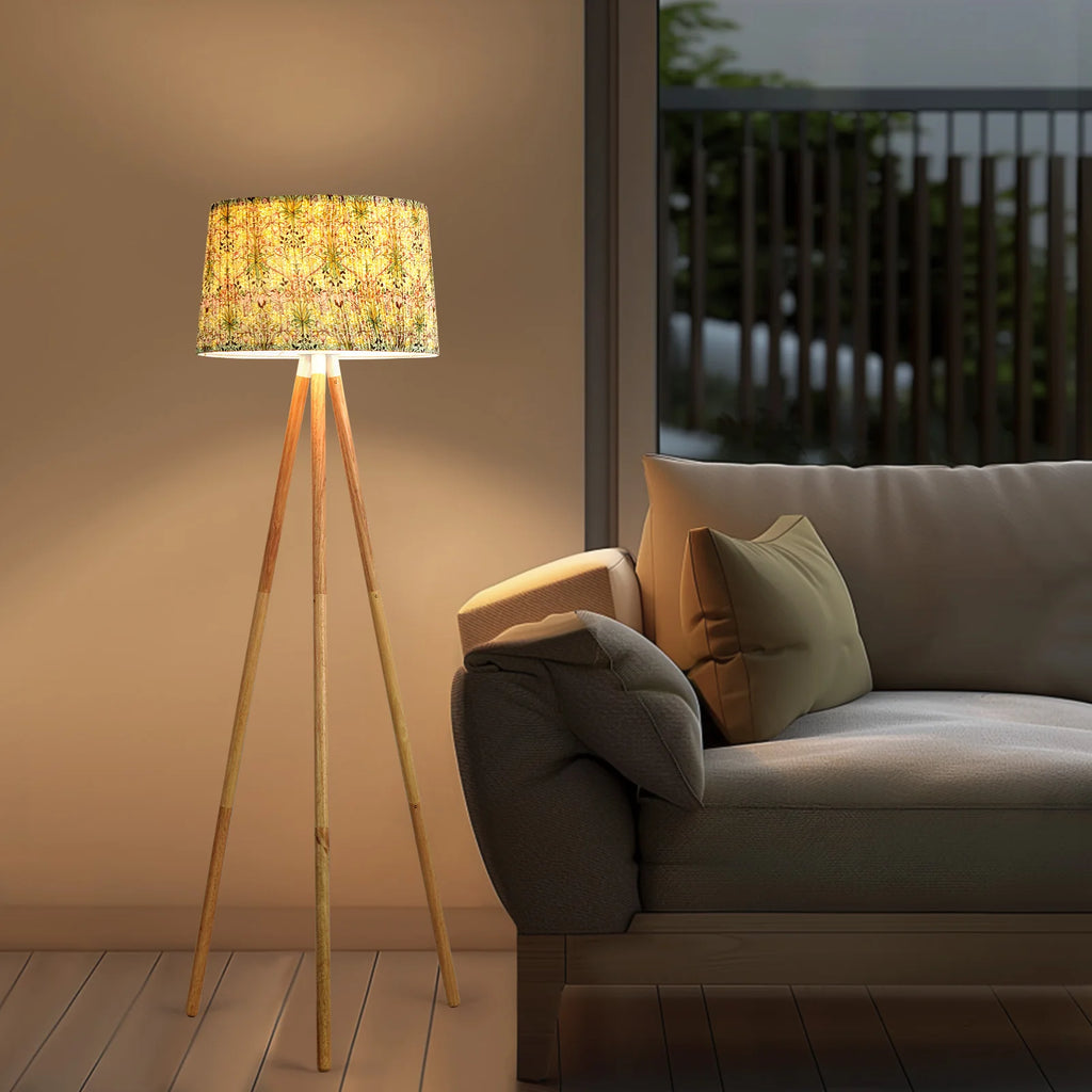 Lampadaire trépied en bois massif, abat-jour tambour blanc ou fleuri