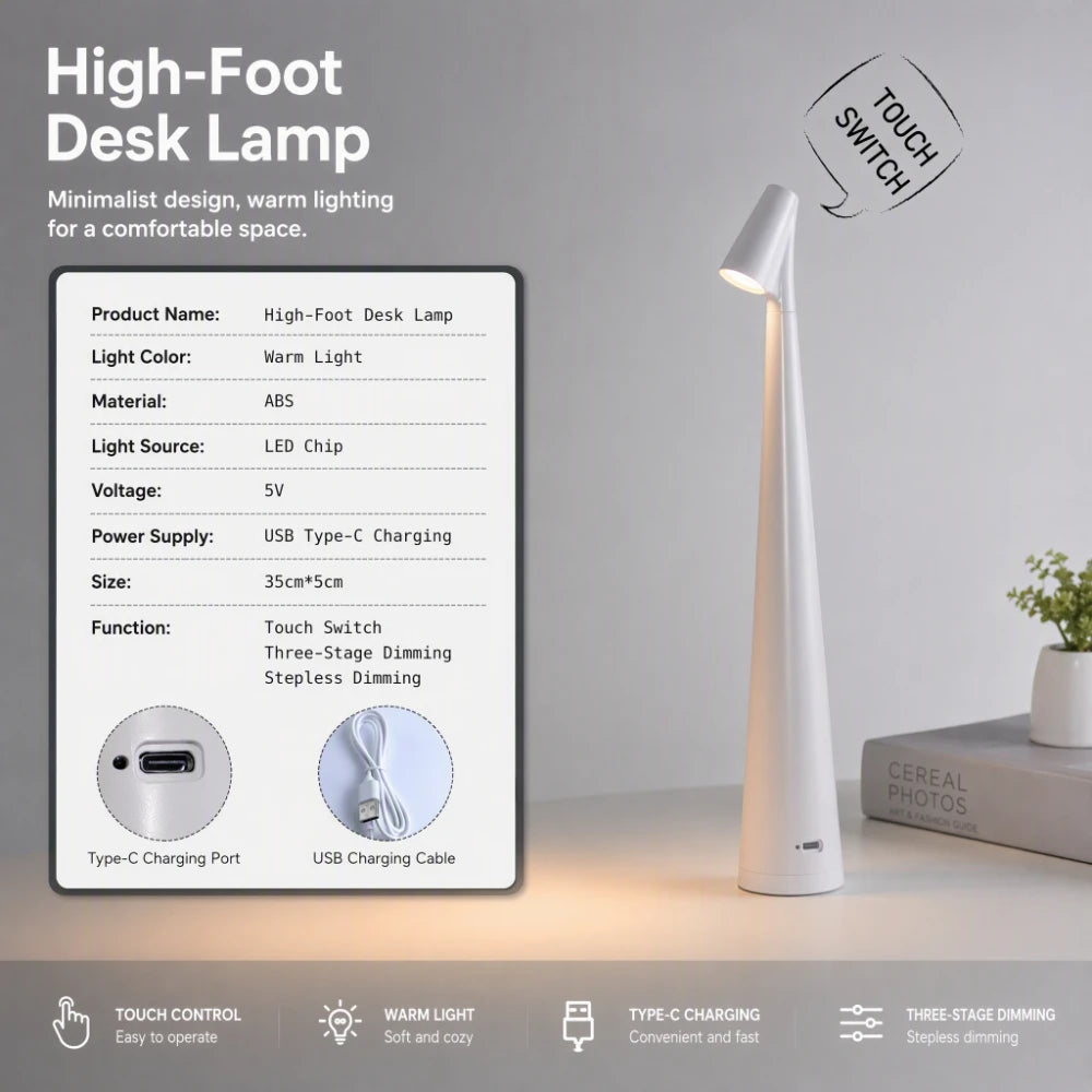 Lampe de table sans fil en cône élancé de 34,5 cm, lumière chaude