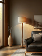 Lampadaire en bois massif sculpté, abat-jour tambour en tissu, 160 cm