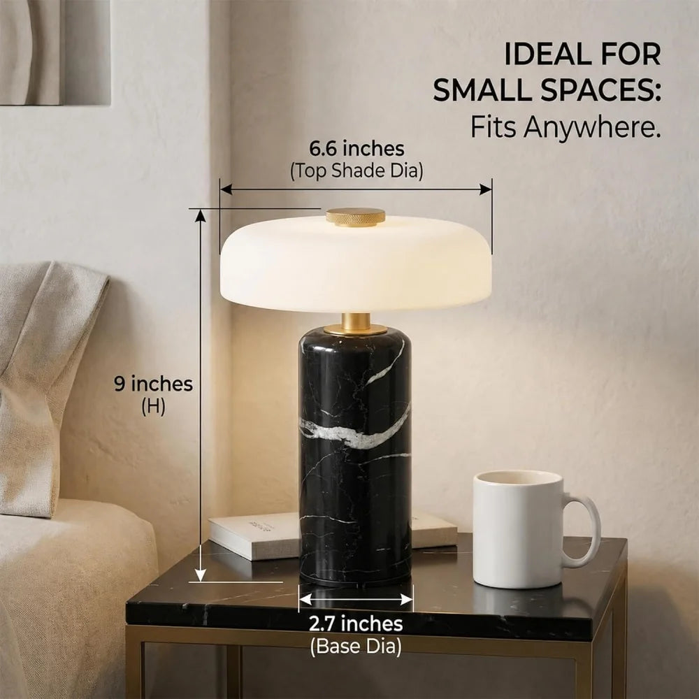 Lampe de chevet sans fil en marbre, abat-jour en verre opalin