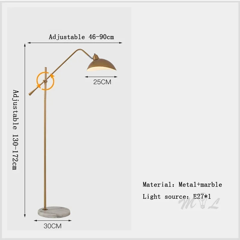 Lampadaire liseuse à dôme orientable et socle en marbre, doré ou noir
