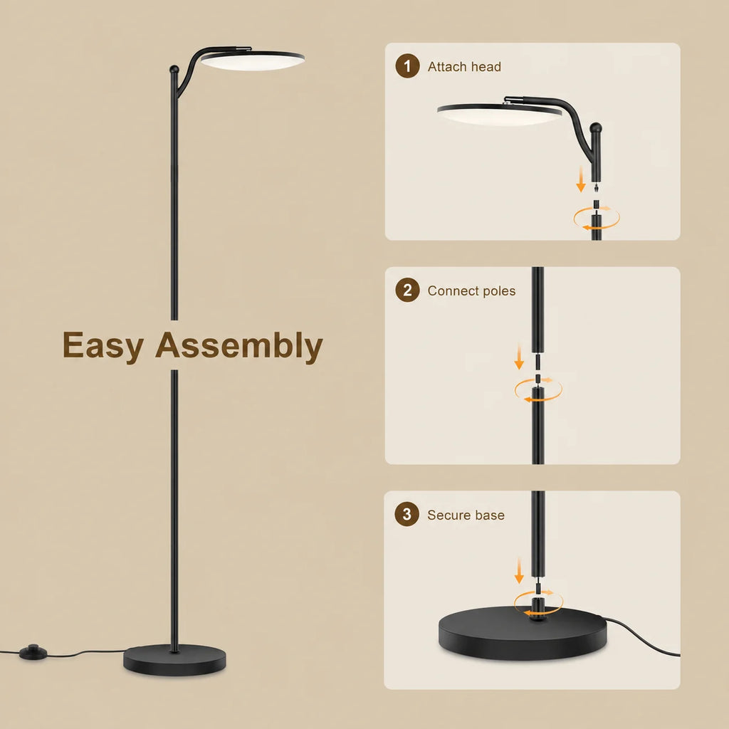 Lampadaire LED à tête disque inclinable, télécommande et pédale