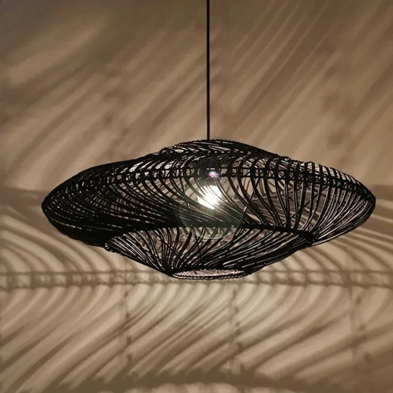 Suspension soucoupe en rotin filé, beige ou noire, de 50 à 80 cm
