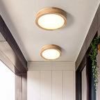 Plafonnier rond en bois 23 cm, plat ou sur tige, noyer ou bois clair