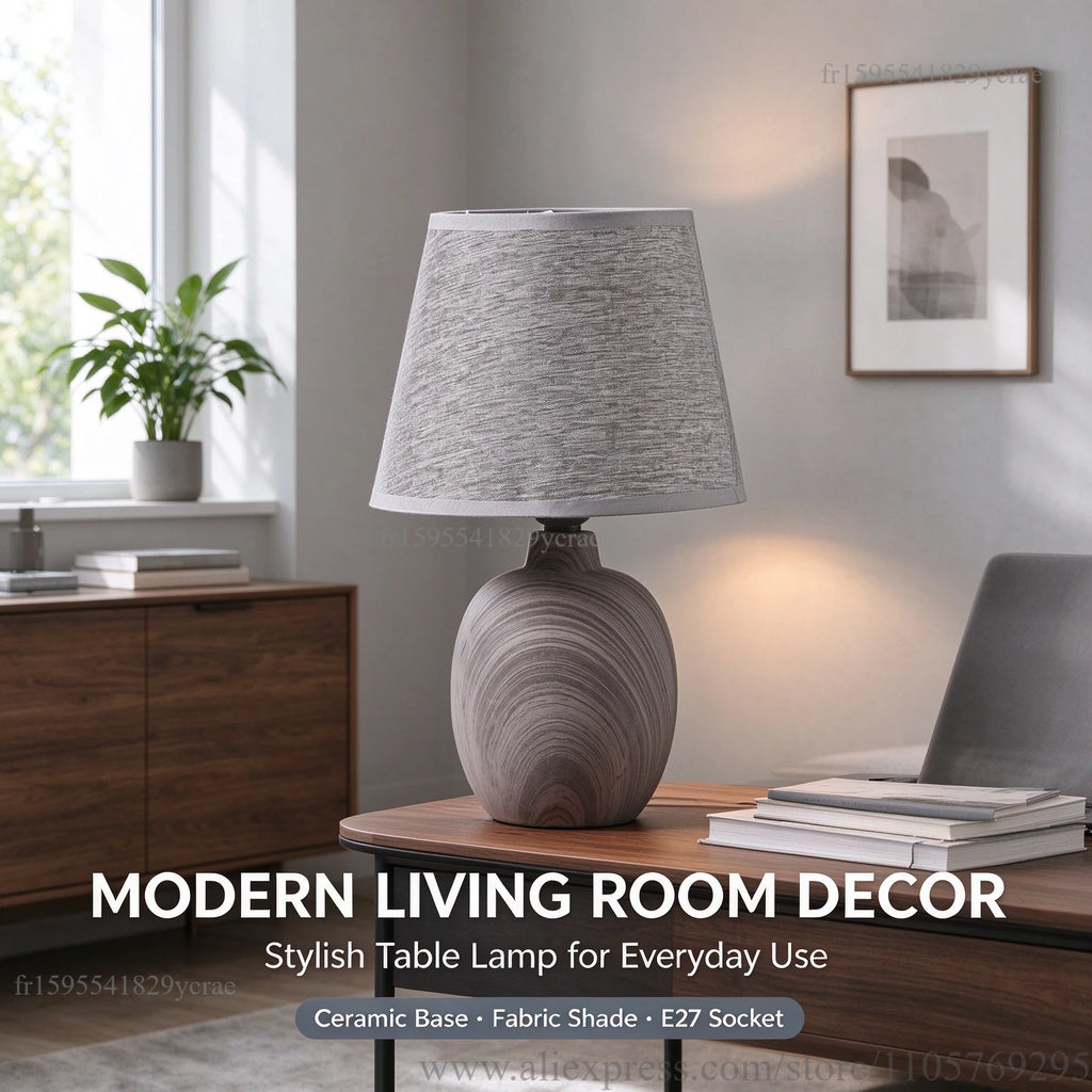 Petite lampe de chevet en céramique effet bois, abat-jour gris