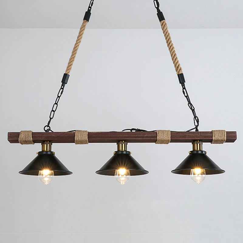 Lustre barre en bois et chanvre à 2 ou 3 cônes en métal noir