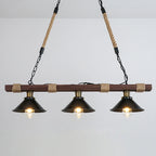 Lustre barre en bois et chanvre à 2 ou 3 cônes en métal noir