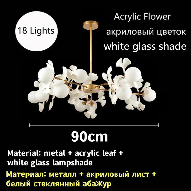 Lustre feuilles de ginkgo et globes en verre opalin, 8 à 18 lumières