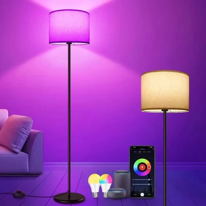 Lampadaire connecté RVB à abat-jour en tissu de lin